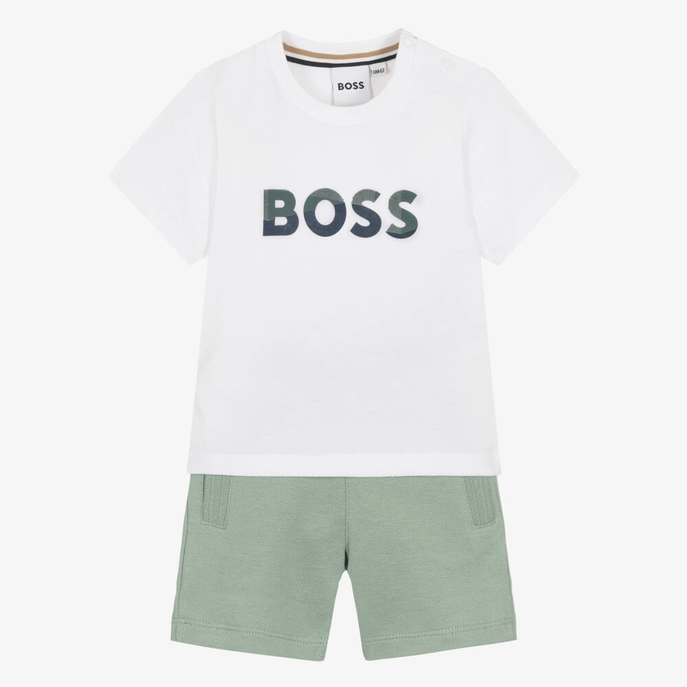 BOSS-Boys White T-Shirt & Green Cotton Shorts Set | Childrensalon