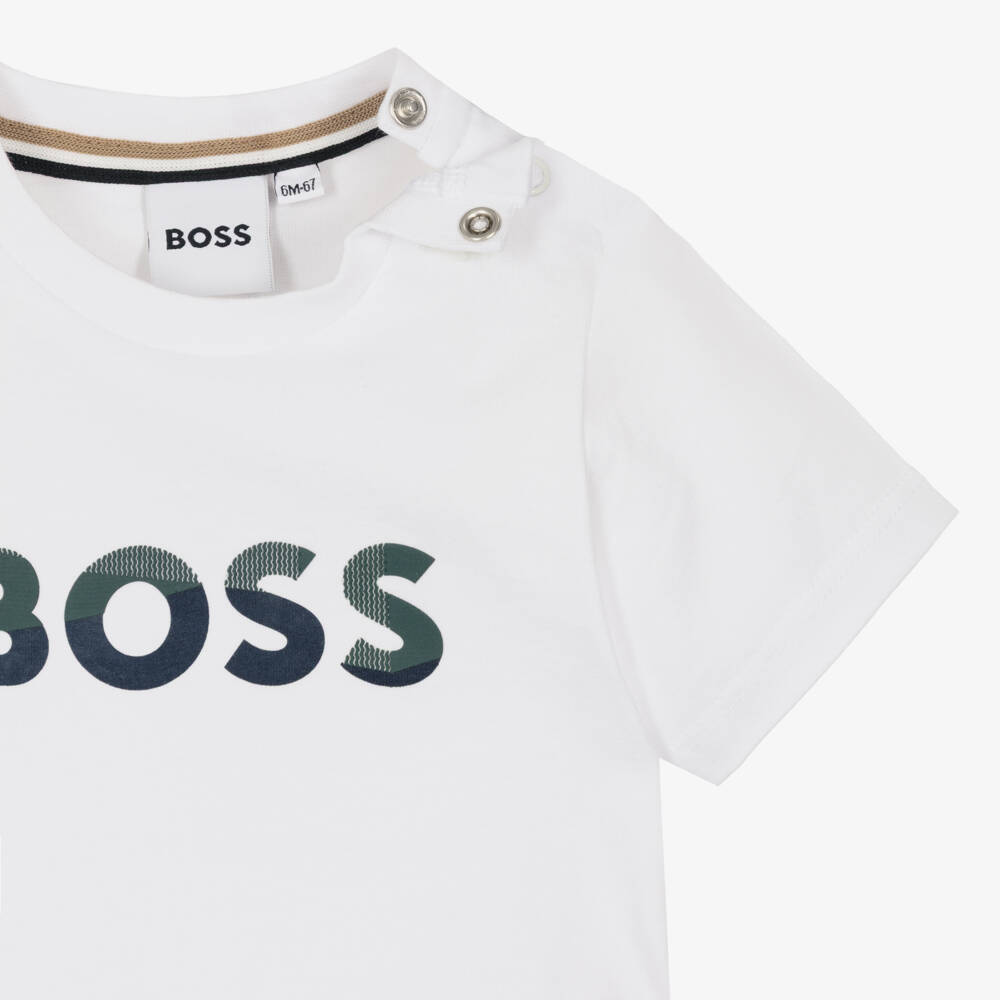 BOSS-طقم شورت وتيشيرت قطن لون أخضر وأبيض للأولاد | Childrensalon