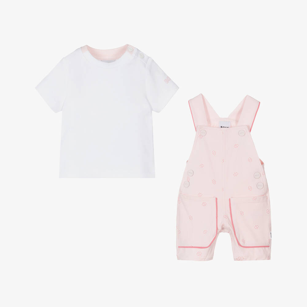 BOSS-Girls Pink Cotton Dungaree Shorts Set | Childrensalon