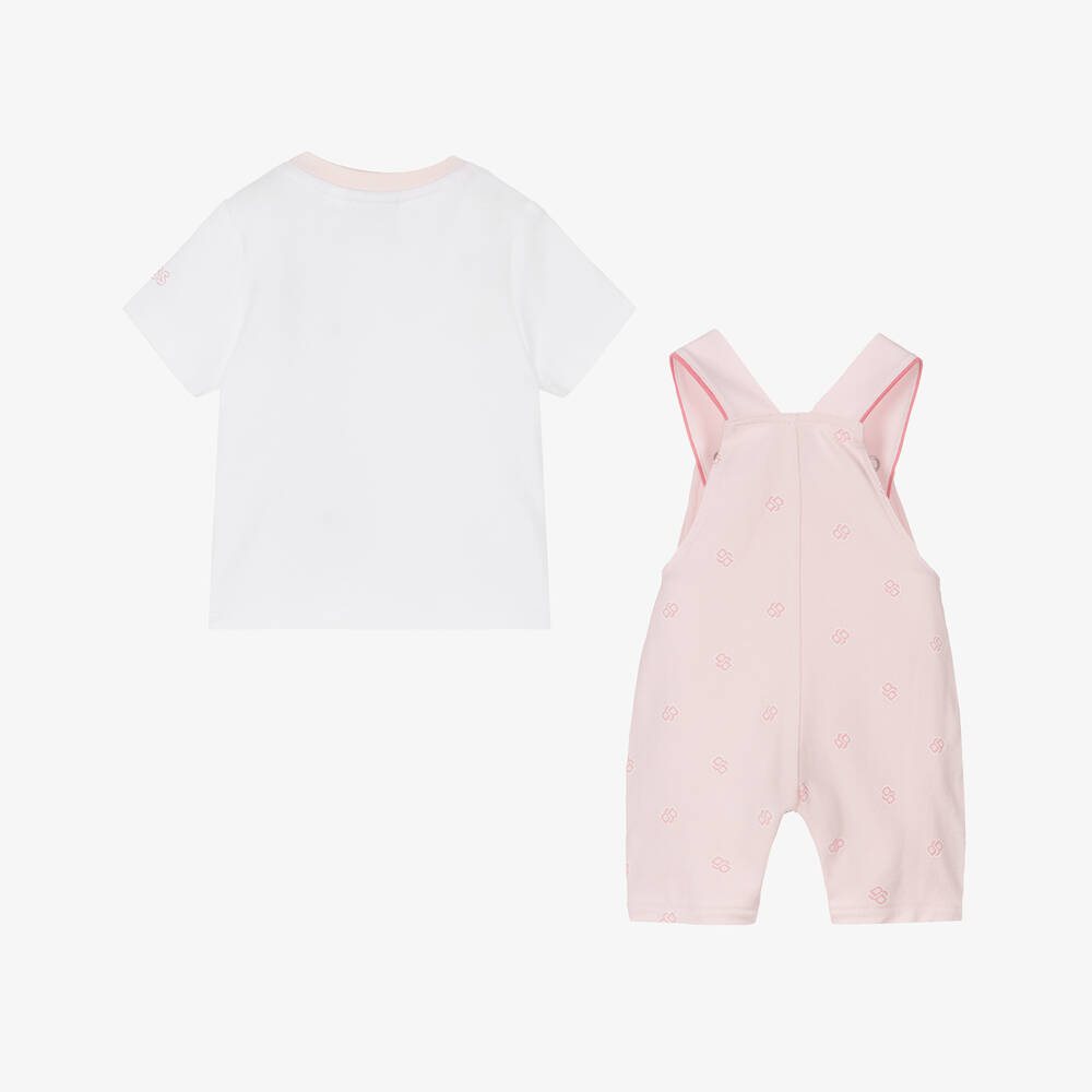 BOSS-Girls Pink Cotton Dungaree Shorts Set | Childrensalon