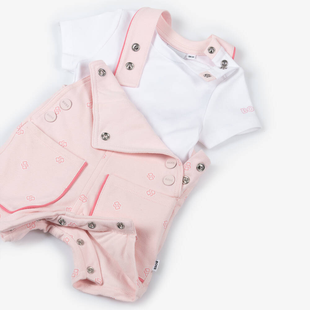 BOSS-Girls Pink Cotton Dungaree Shorts Set | Childrensalon