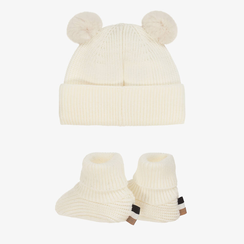 BOSS-Ivory Knitted Baby Hat & Booties Set | Childrensalon