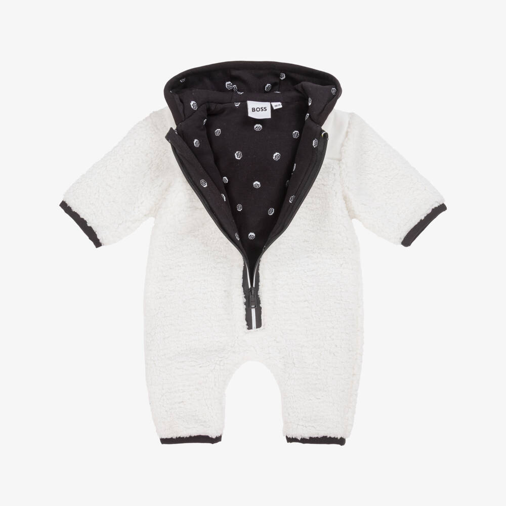 BOSS-Ivory Sherpa Fleece Pramsuit with Black Logo | Childrensalon