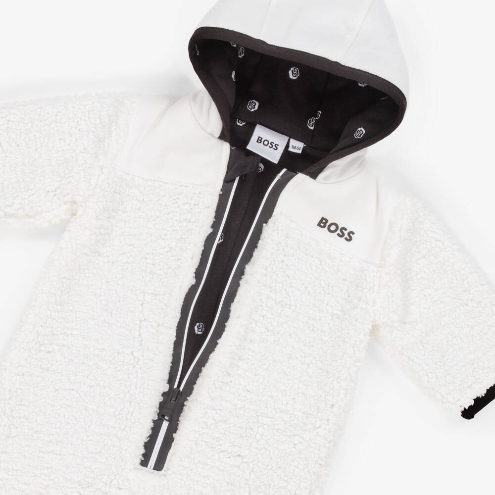 BOSS-Ivory Sherpa Fleece Pramsuit with Black Logo | Childrensalon