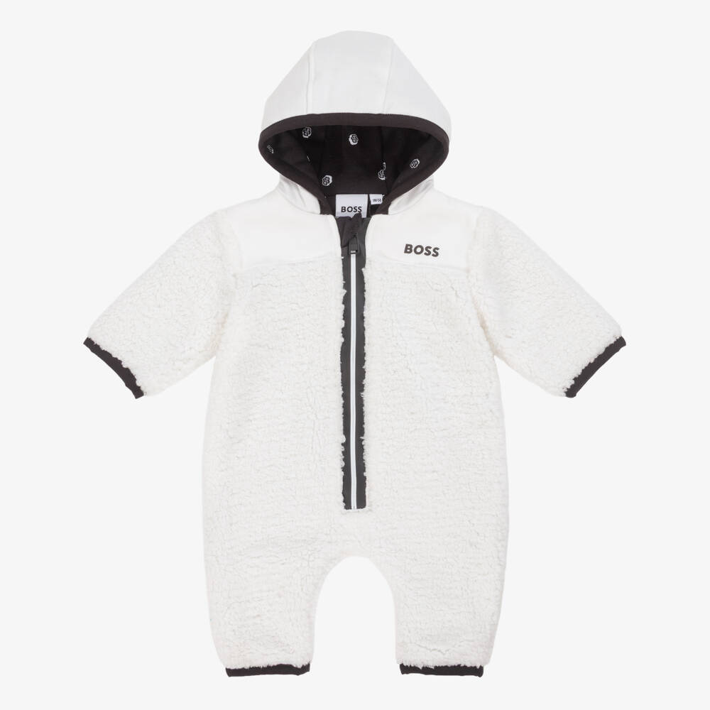 BOSS-Ivory Sherpa Fleece Pramsuit With Black Trims | Childrensalon