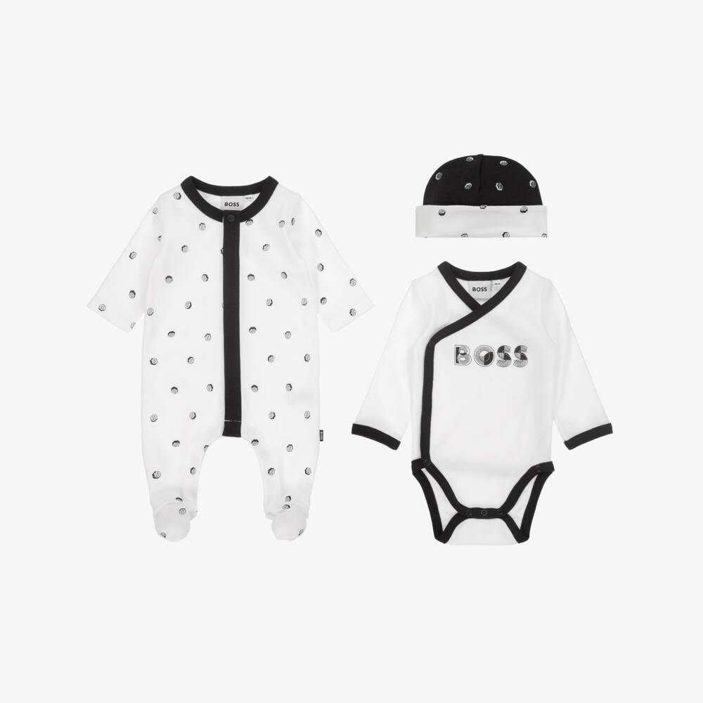 BOSS-White Cotton Jersey Babysuit Set With Black Logo Detailing | Childrensalon
