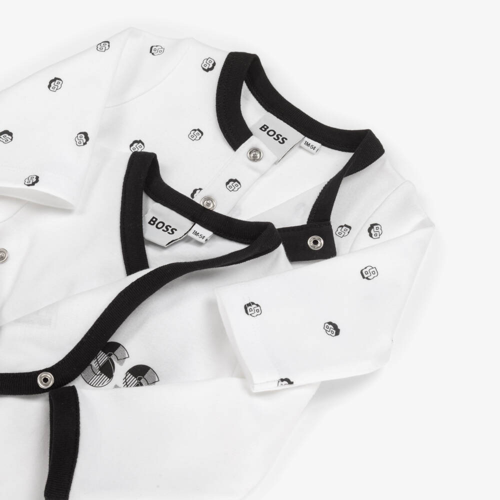 BOSS-White Cotton Jersey Babysuit Set With Black Logo Detailing | Childrensalon
