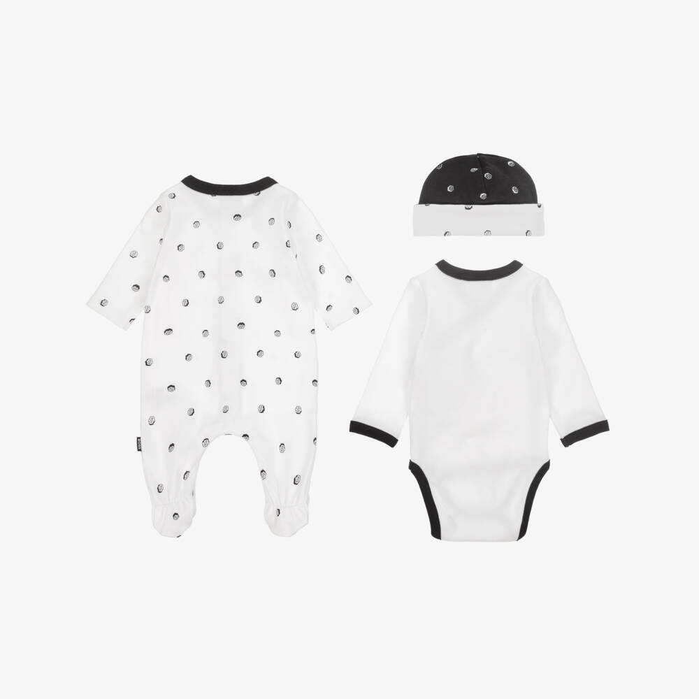BOSS-White Cotton Jersey Babysuit Set With Black Logo Detailing | Childrensalon