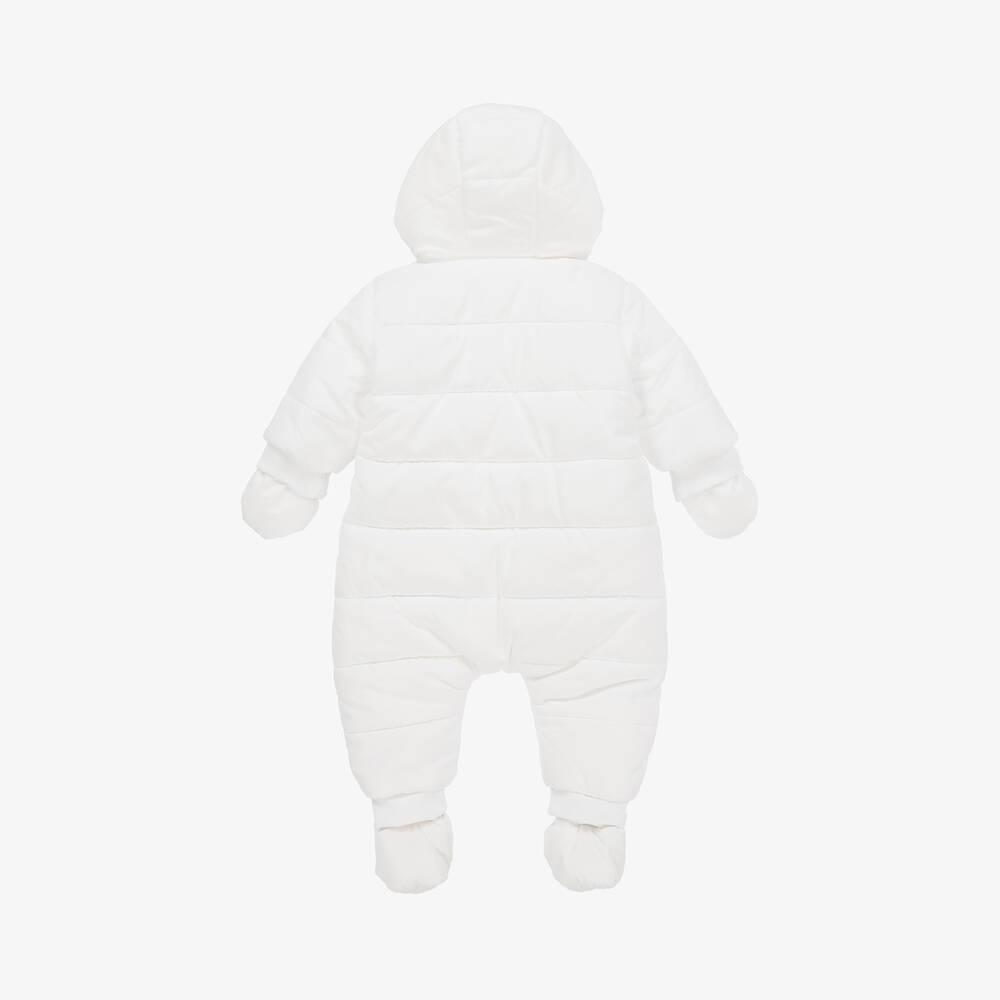 BOSS-White Hooded Baby Snowsuit | Childrensalon