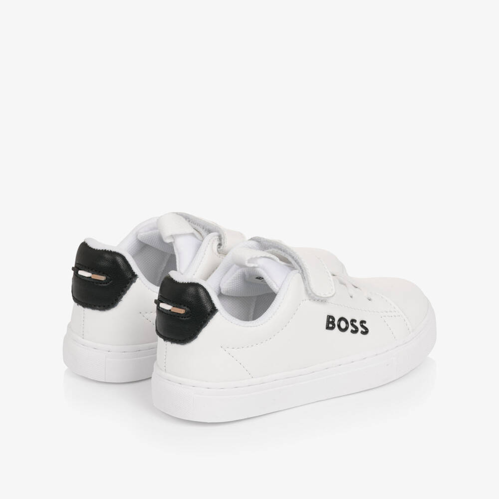 BOSS-Boys White Leather Velcro Trainers with Black Logo Detail | Childrensalon