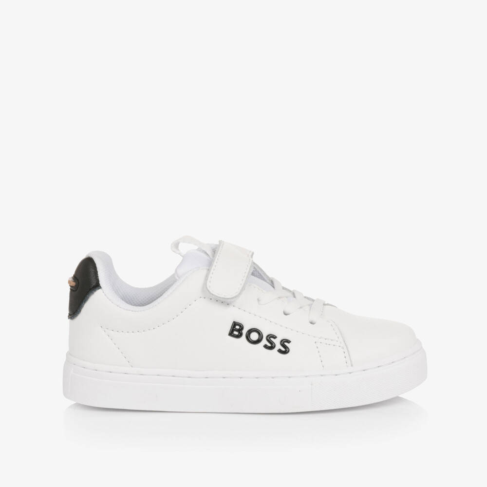 BOSS-Boys White Leather Velcro Trainers with Black Logo Detail | Childrensalon