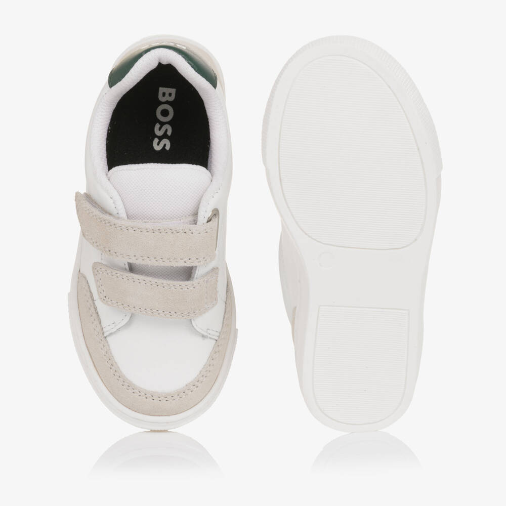 BOSS-Boys White Leather Velcro Trainers with Suede Trim | Childrensalon