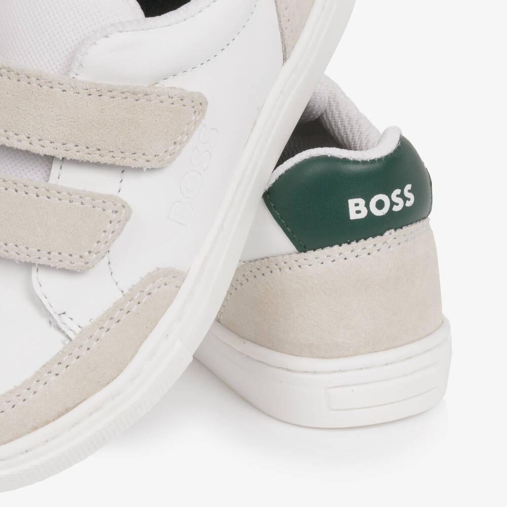 BOSS-Boys White Leather Velcro Trainers with Suede Trim | Childrensalon