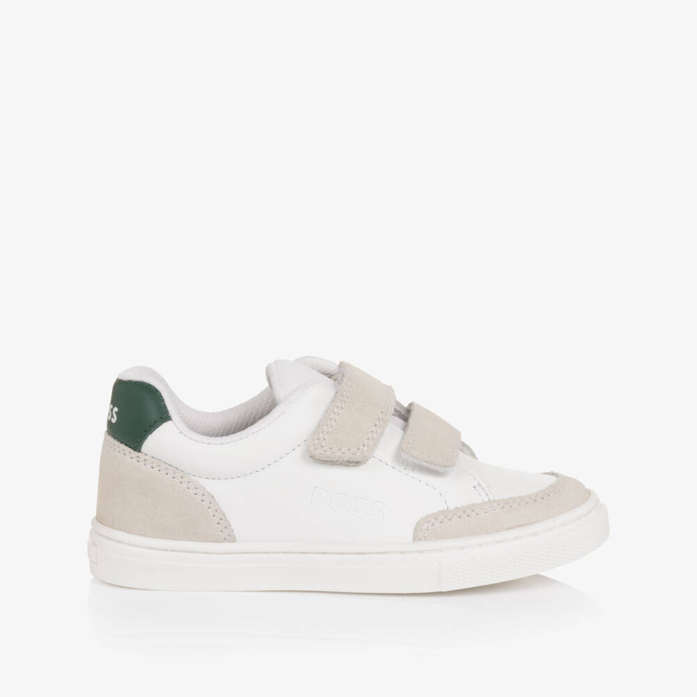 BOSS-Boys White Leather Velcro Trainers with Suede Trim | Childrensalon