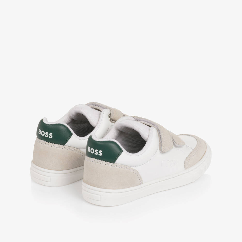 BOSS-Boys White Leather Velcro Trainers with Suede Trim | Childrensalon