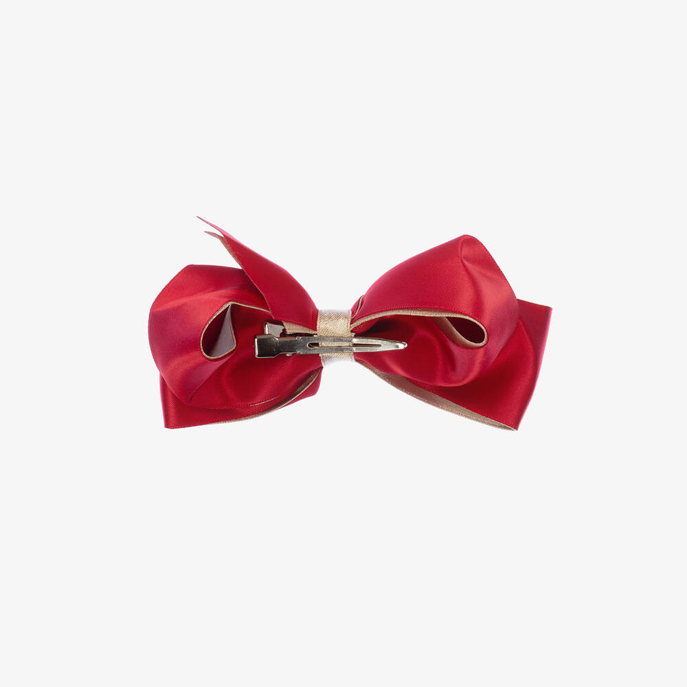 Bowtique London-Girls Red & Gold Satin Bow Hair Clip (11cm) | Childrensalon
