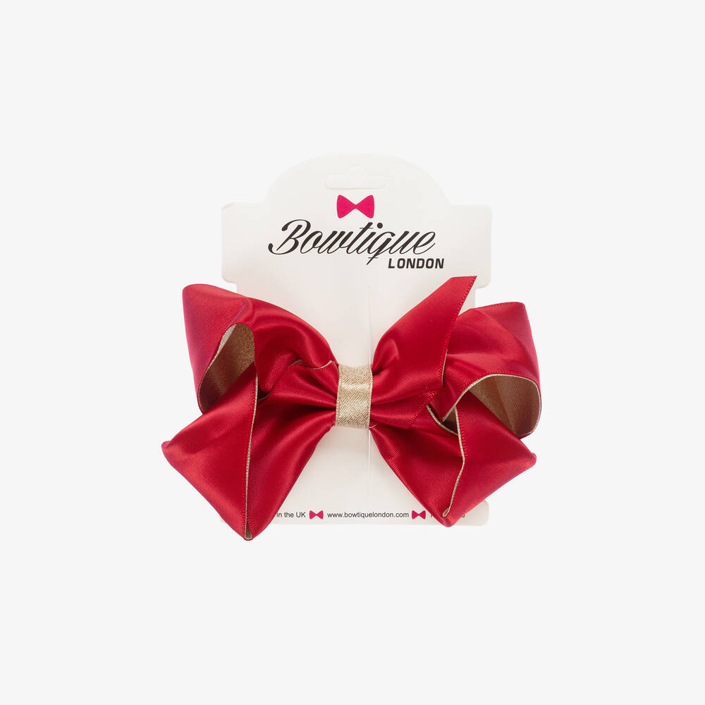Bowtique London-Girls Red & Gold Satin Bow Hair Clip (11cm) | Childrensalon