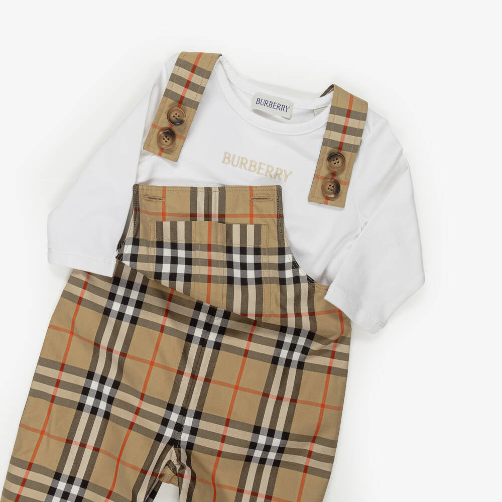 Burberry-Baby Boys Beige Burberry Check Dungaree Gift Set | Childrensalon