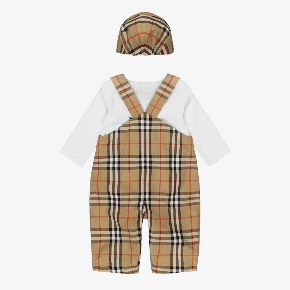 Burberry-Baby Boys Beige Burberry Check Dungaree Gift Set | Childrensalon