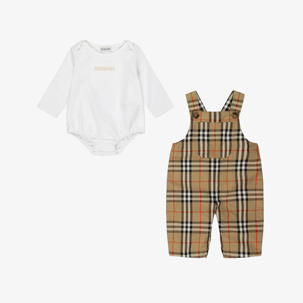 Burberry-Baby Boys Beige Burberry Check Dungaree Gift Set | Childrensalon