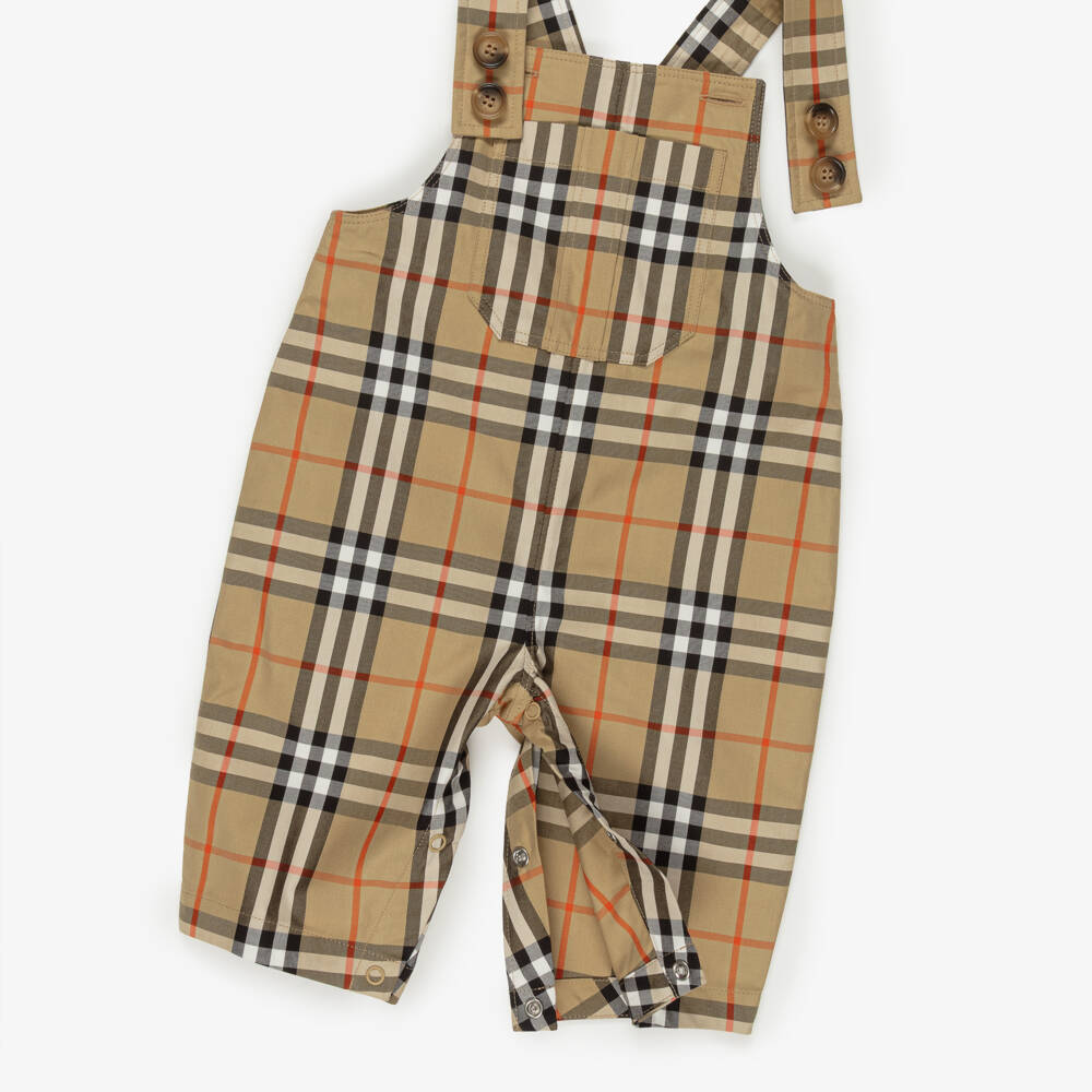 Burberry-Baby Boys Beige Burberry Check Dungaree Gift Set | Childrensalon