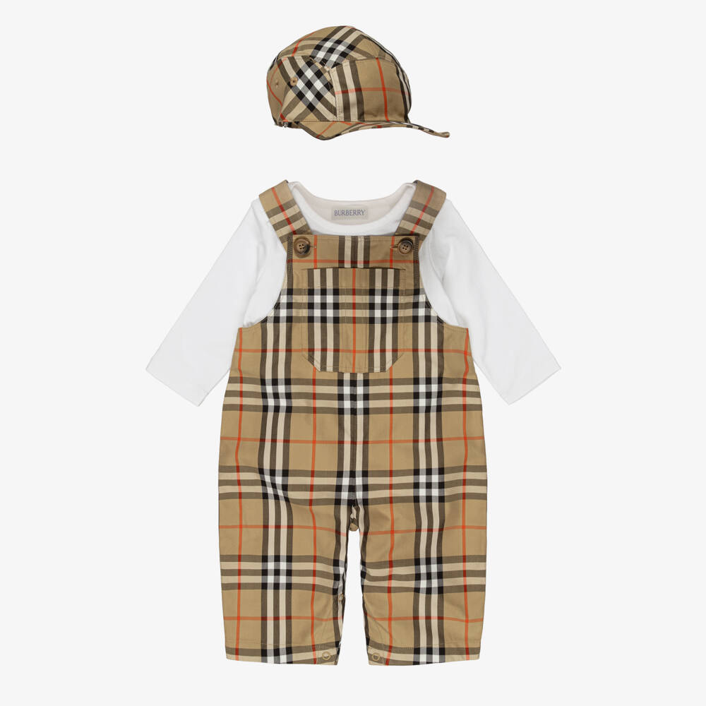 Burberry-Baby Boys Beige Burberry Check Dungaree Set | Childrensalon