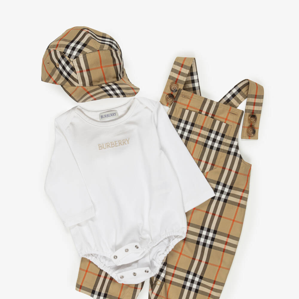 Burberry-Baby Boys Beige Burberry Check Dungaree Set | Childrensalon