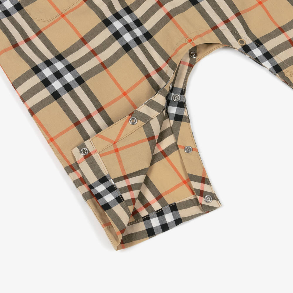 Burberry-Baby Boys Beige Check Cotton Romper | Childrensalon