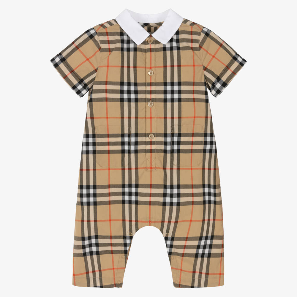 Burberry-Baby Boys Beige Check Cotton Romper | Childrensalon