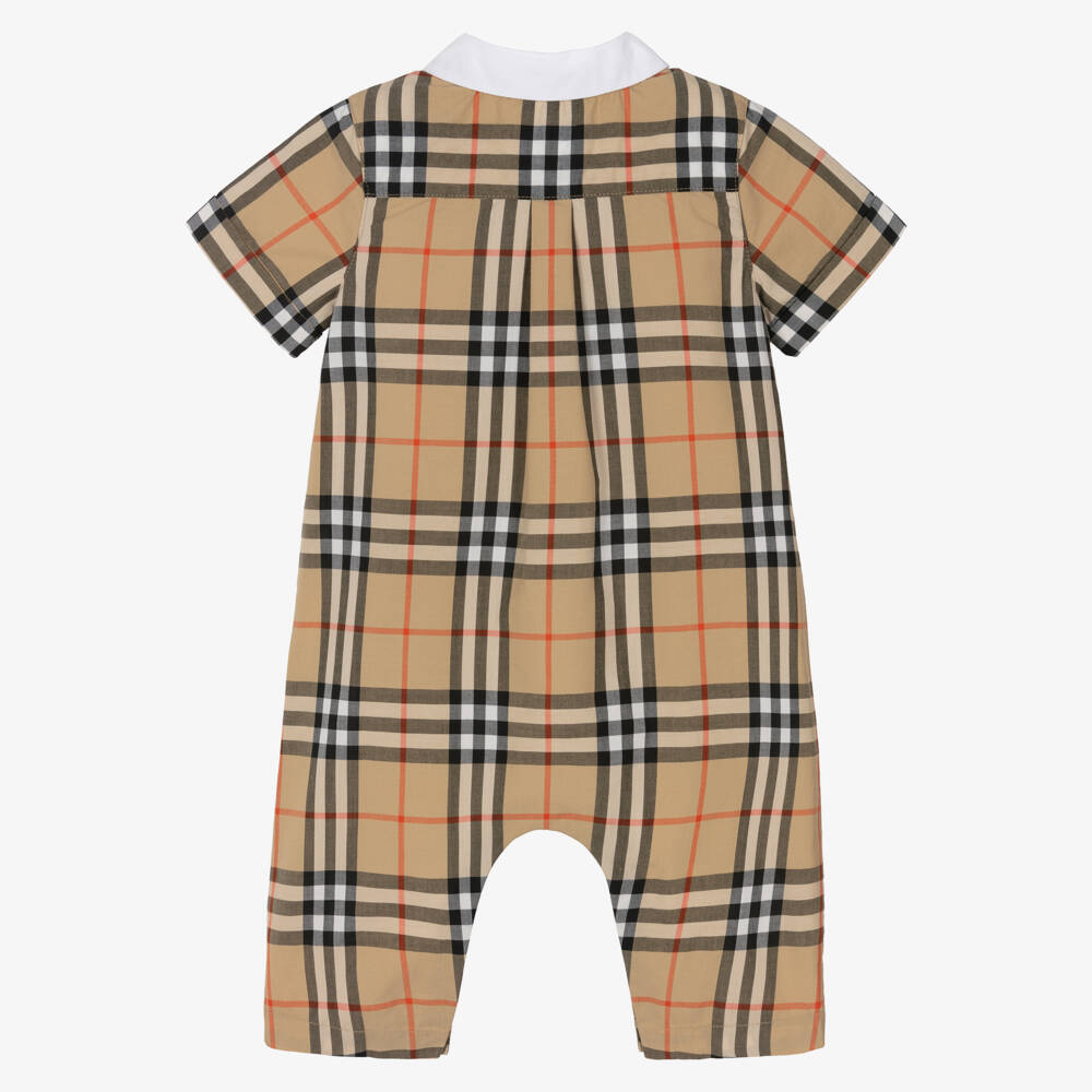 Burberry-Baby Boys Beige Check Cotton Romper | Childrensalon