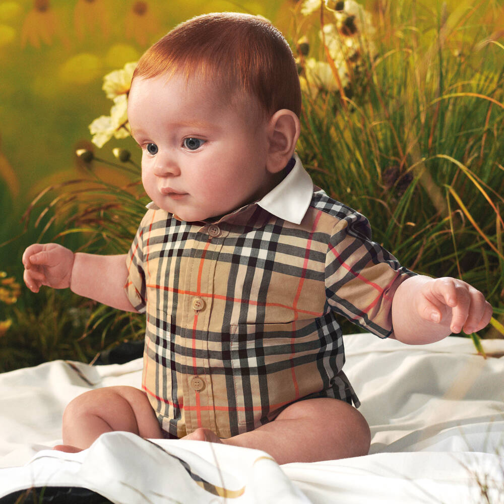 Burberry-Baby Boys Beige Check Cotton Romper | Childrensalon