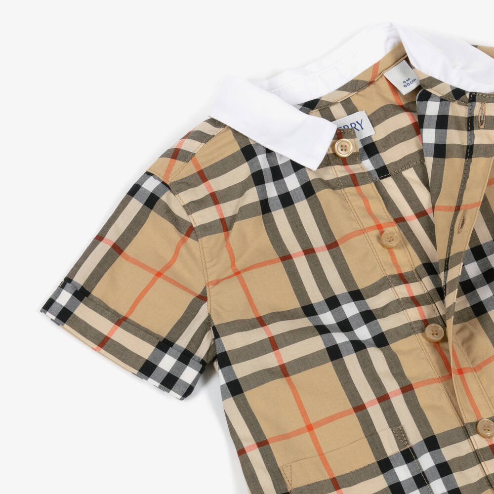 Burberry-Baby Boys Beige Check Cotton Romper | Childrensalon