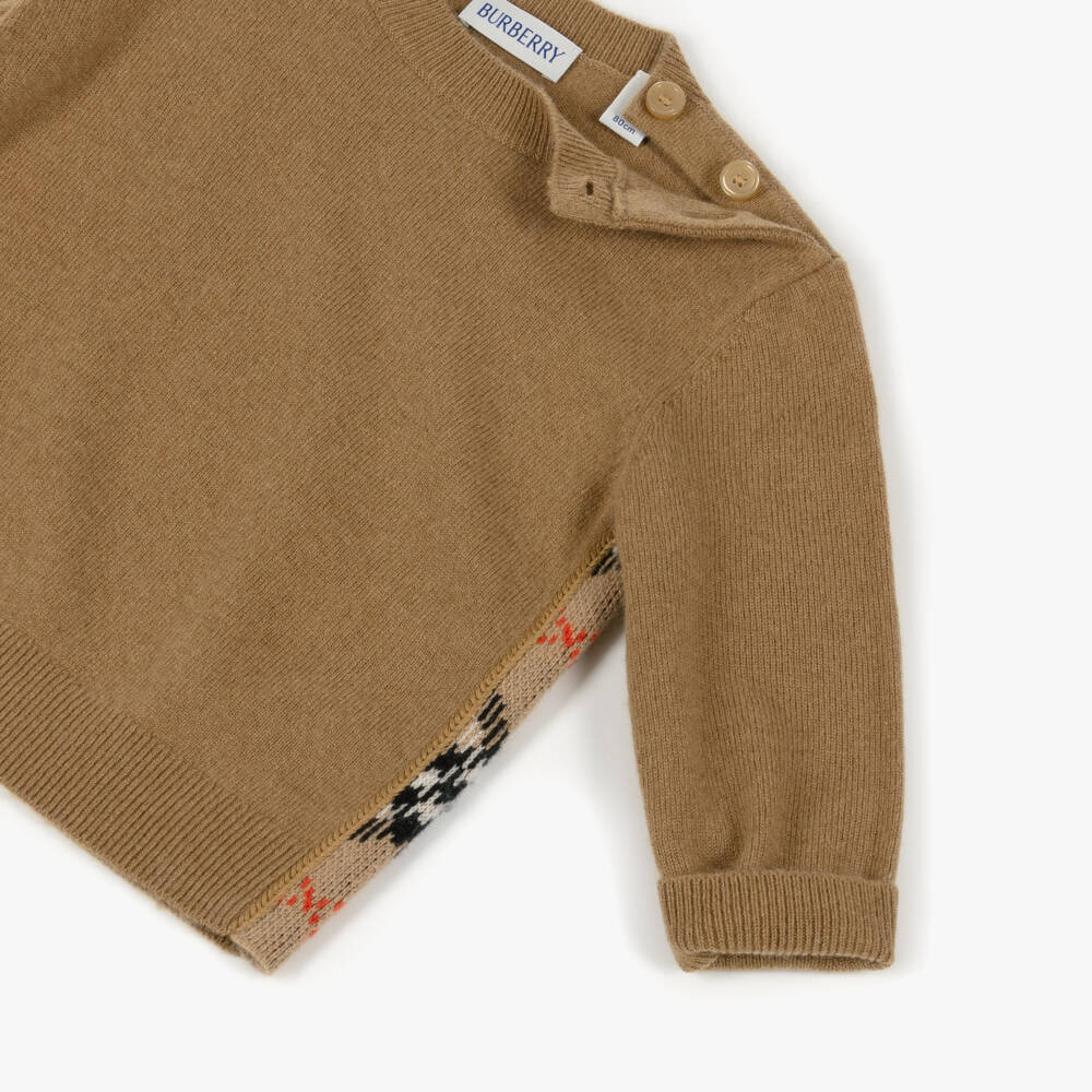 Burberry-Baby Boys Beige Check Elbow Patch Wool Knit Jumper | Childrensalon