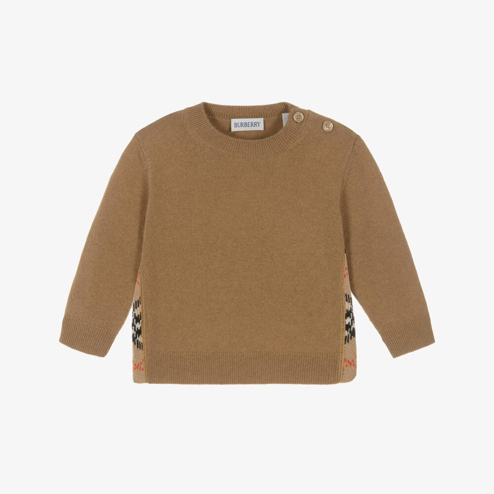 Burberry-Baby Boys Beige Check Elbow Patch Wool Knit Jumper | Childrensalon