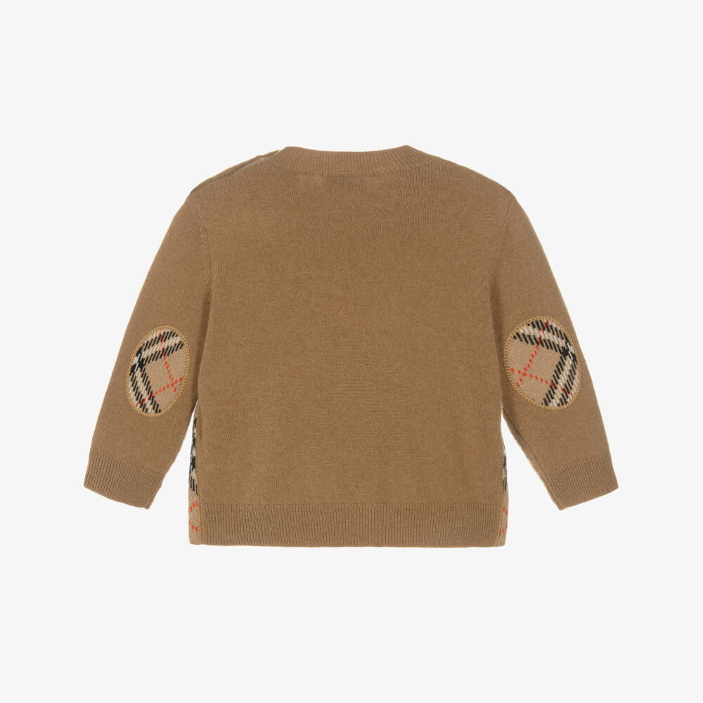 Burberry-Baby Boys Beige Check Elbow Patch Wool Knit Jumper | Childrensalon