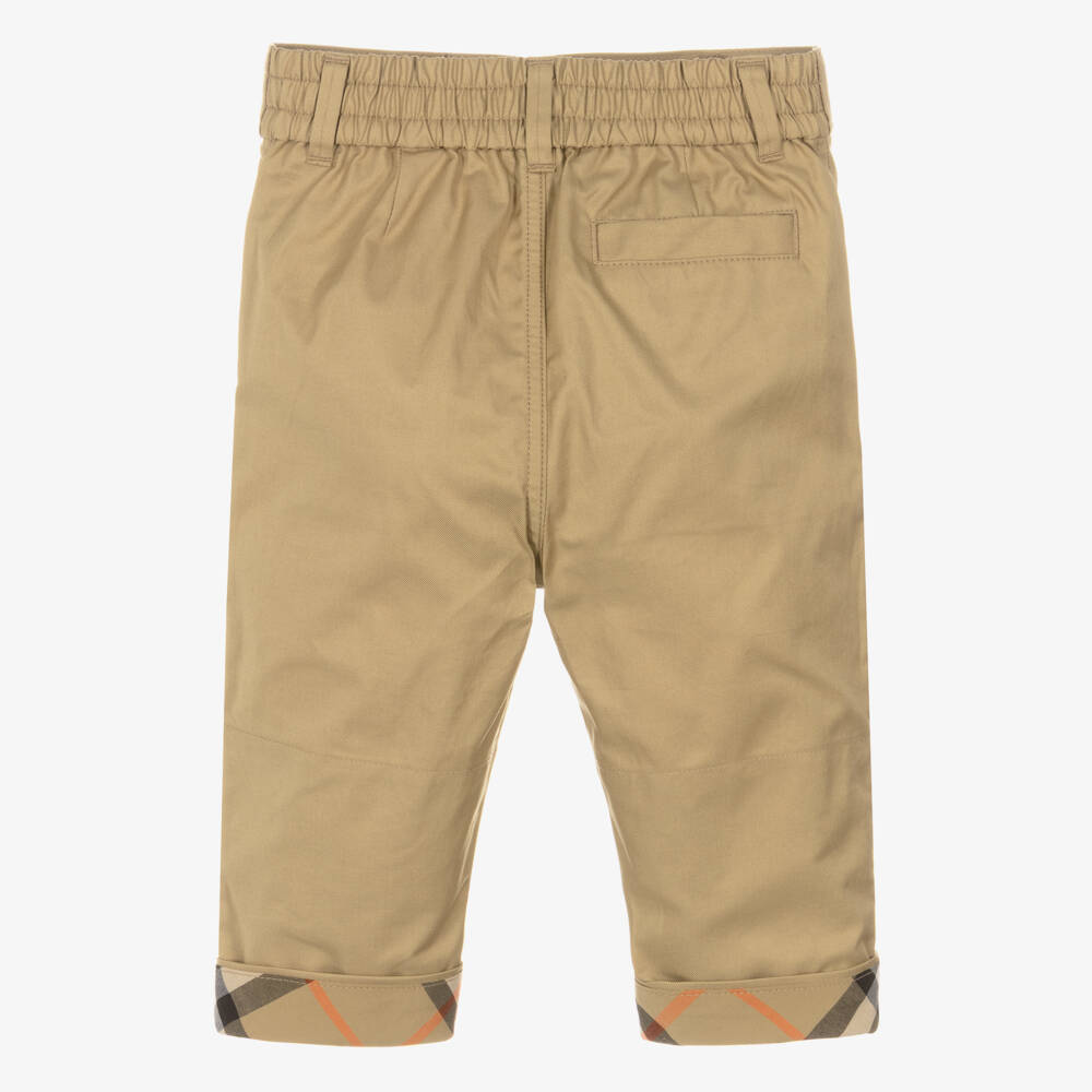 Burberry-Baby Boys Beige Check Turn-Up Cotton Trousers | Childrensalon