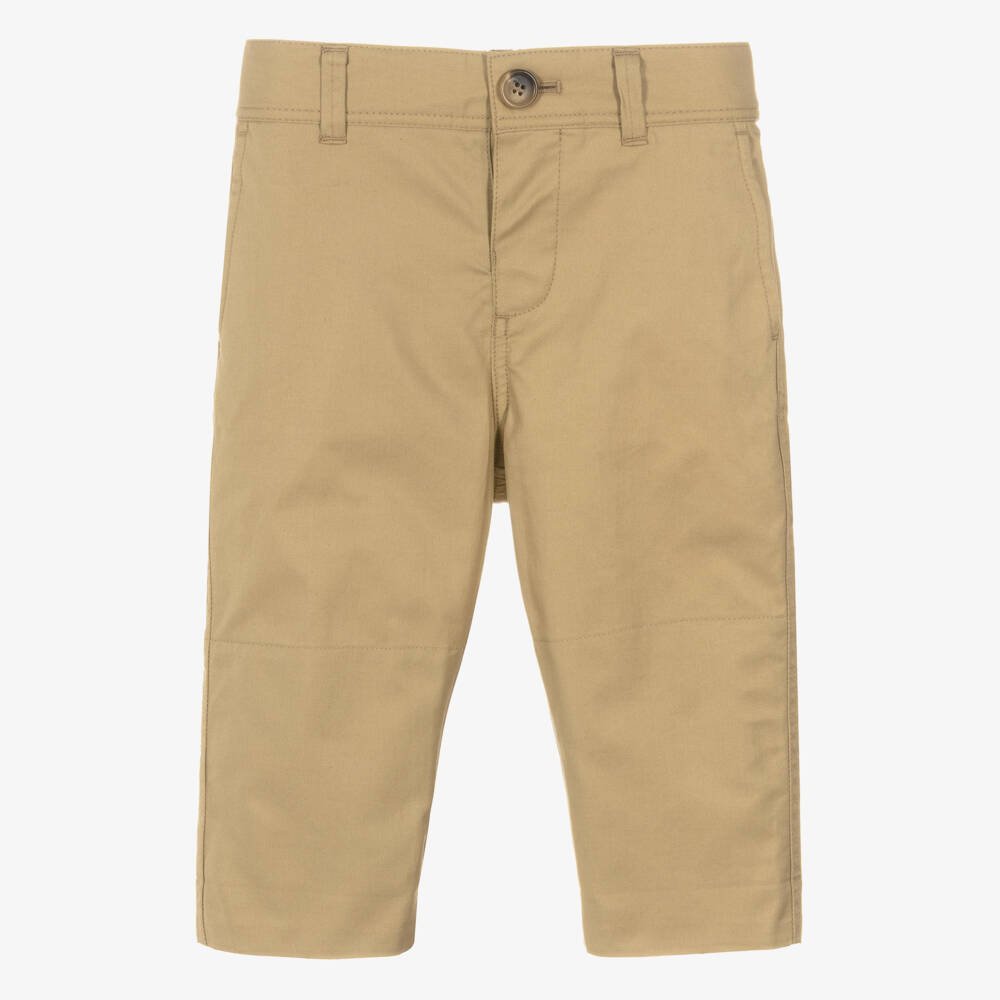 Burberry-Baby Boys Beige Check Turn-Up Cotton Trousers | Childrensalon