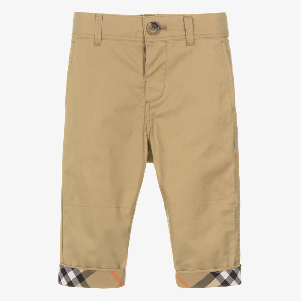 Burberry-Baby Boys Beige Check Turn-Up Cotton Trousers | Childrensalon