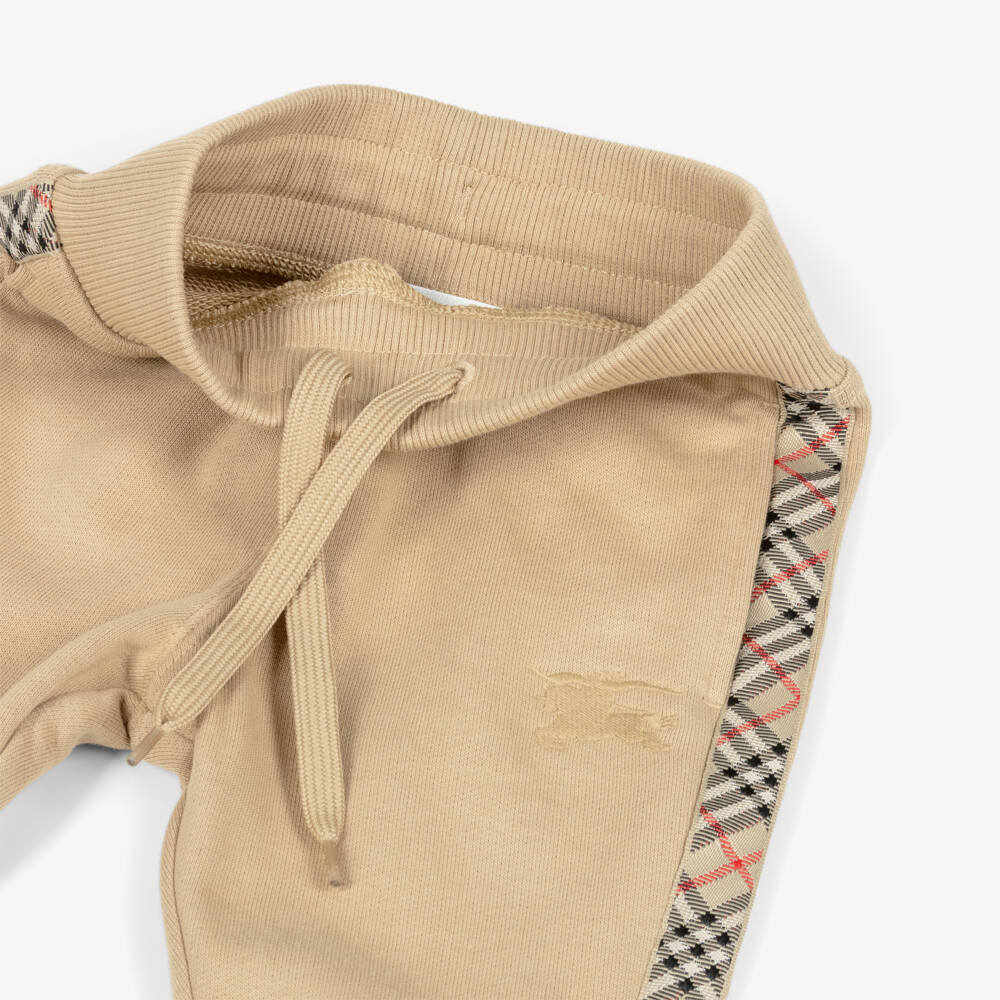 Burberry-Baby Boys Beige Cotton Joggers with Check Trim & EKD Logo | Childrensalon