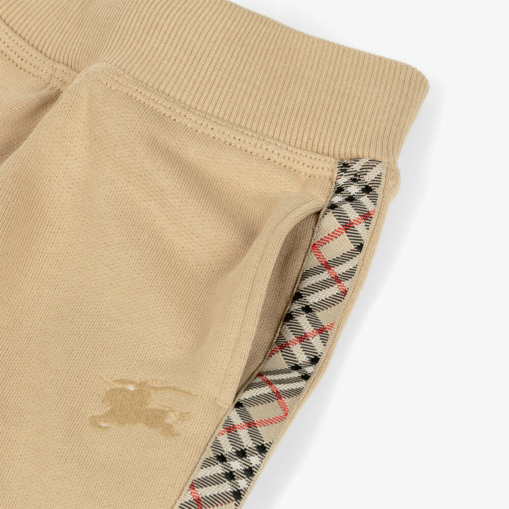 Burberry-Baby Boys Beige Cotton Joggers with Check Trim & EKD Logo | Childrensalon