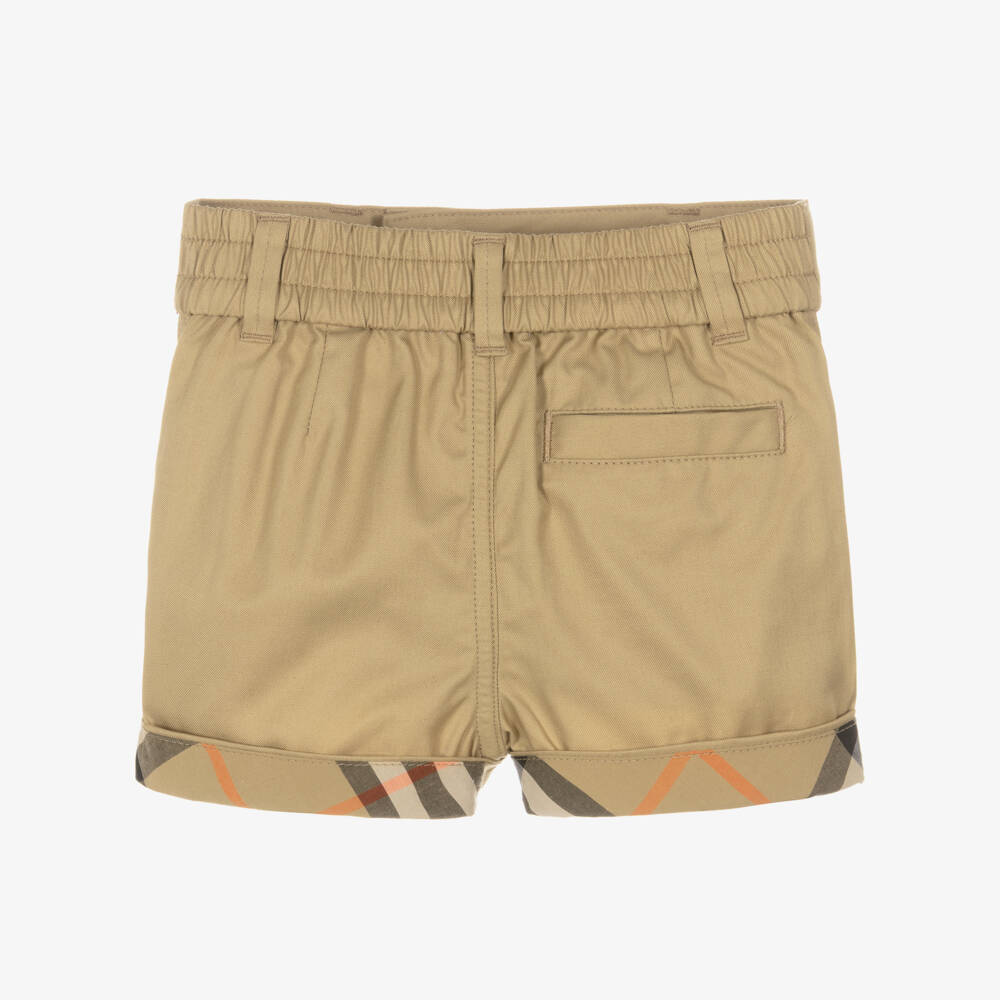 Burberry-Baby Boys Beige Cotton Shorts with Check Turn-Ups | Childrensalon