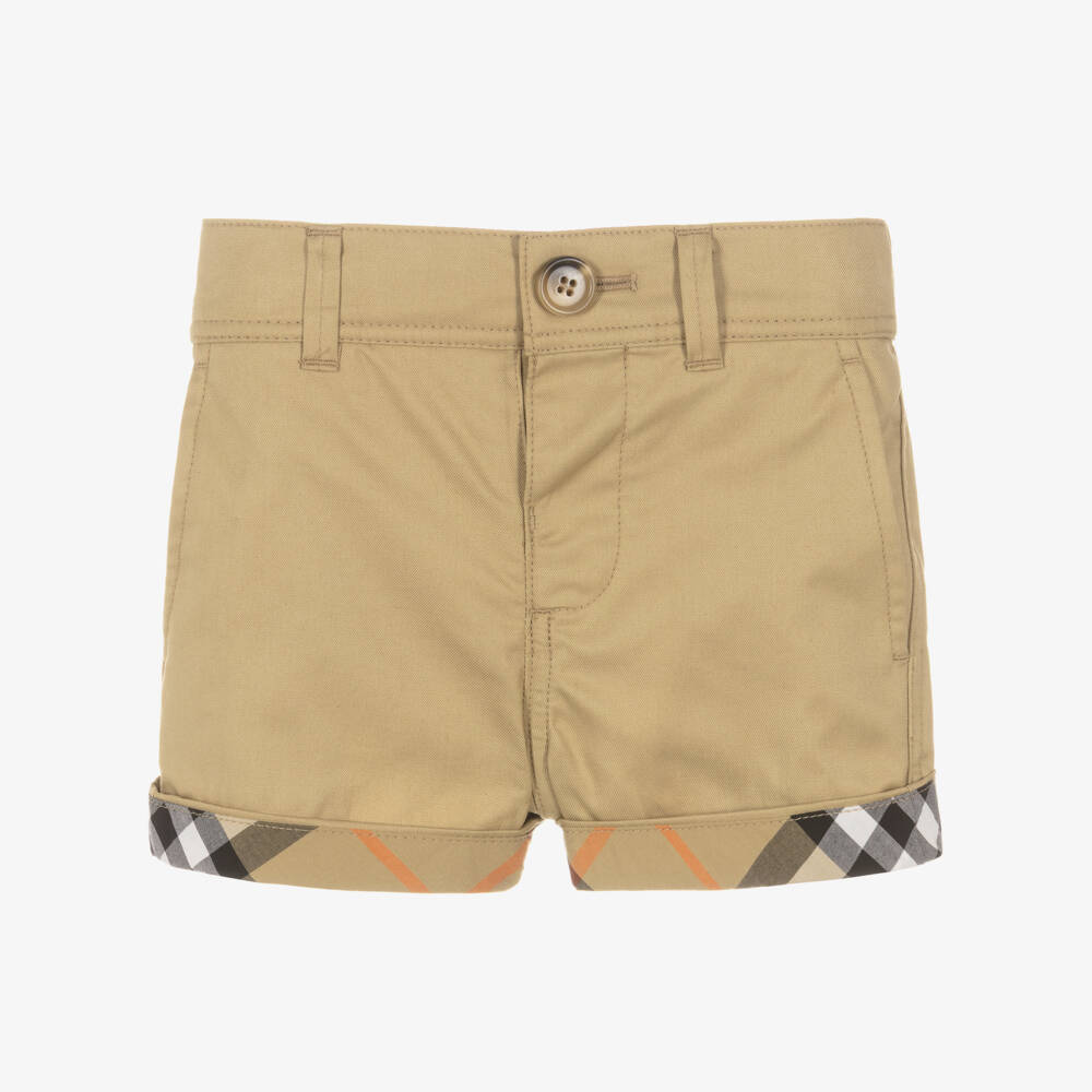 Burberry-Baby Boys Beige Cotton Shorts with Check Turn-Ups | Childrensalon