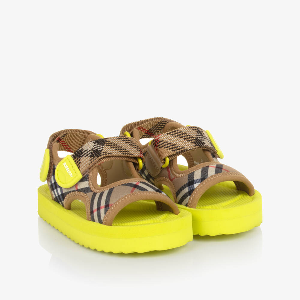 Burberry-Baby Boys Beige & Lime Green Burberry Check Velcro Sandals | Childrensalon