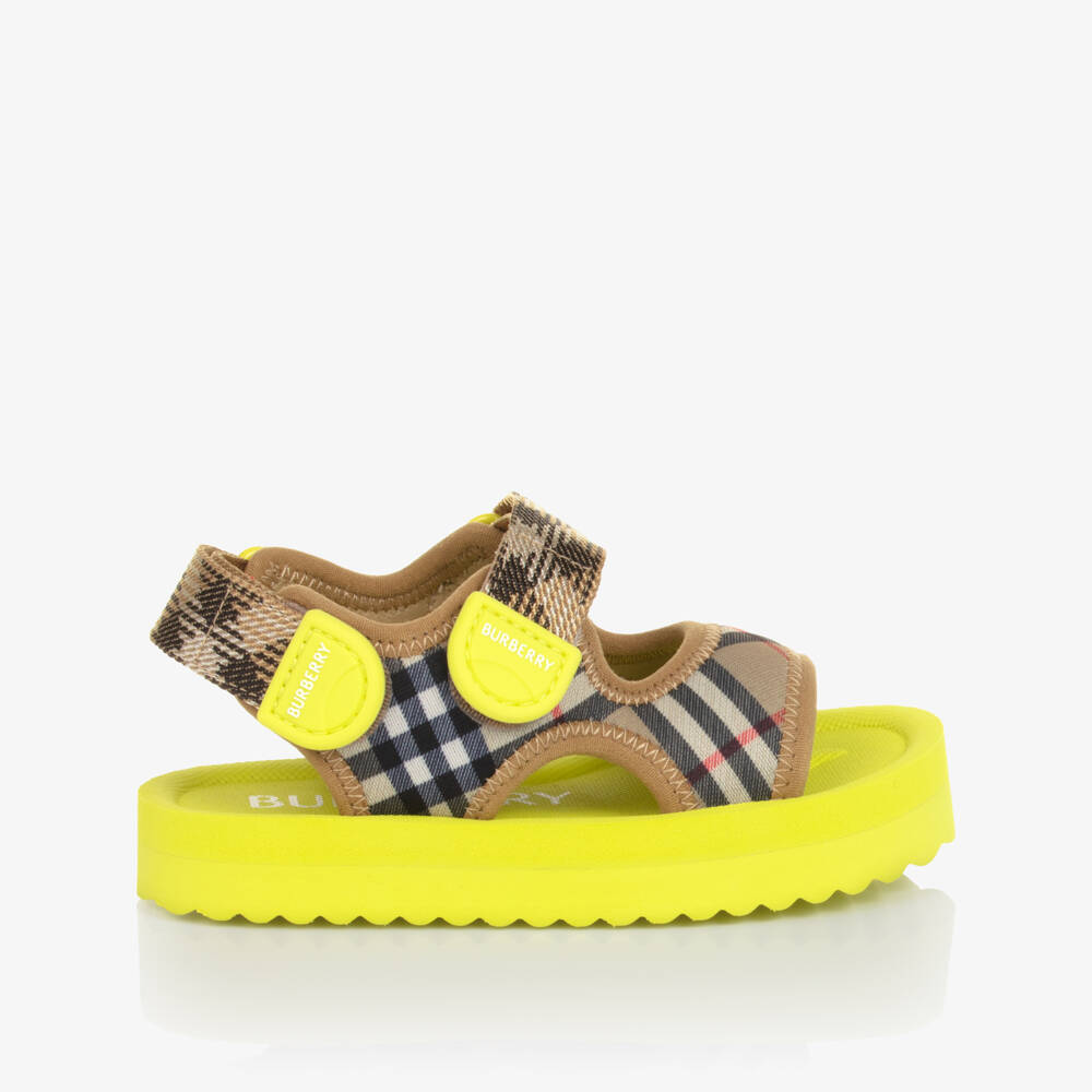 Burberry-Baby Boys Beige & Lime Green Burberry Check Velcro Sandals | Childrensalon