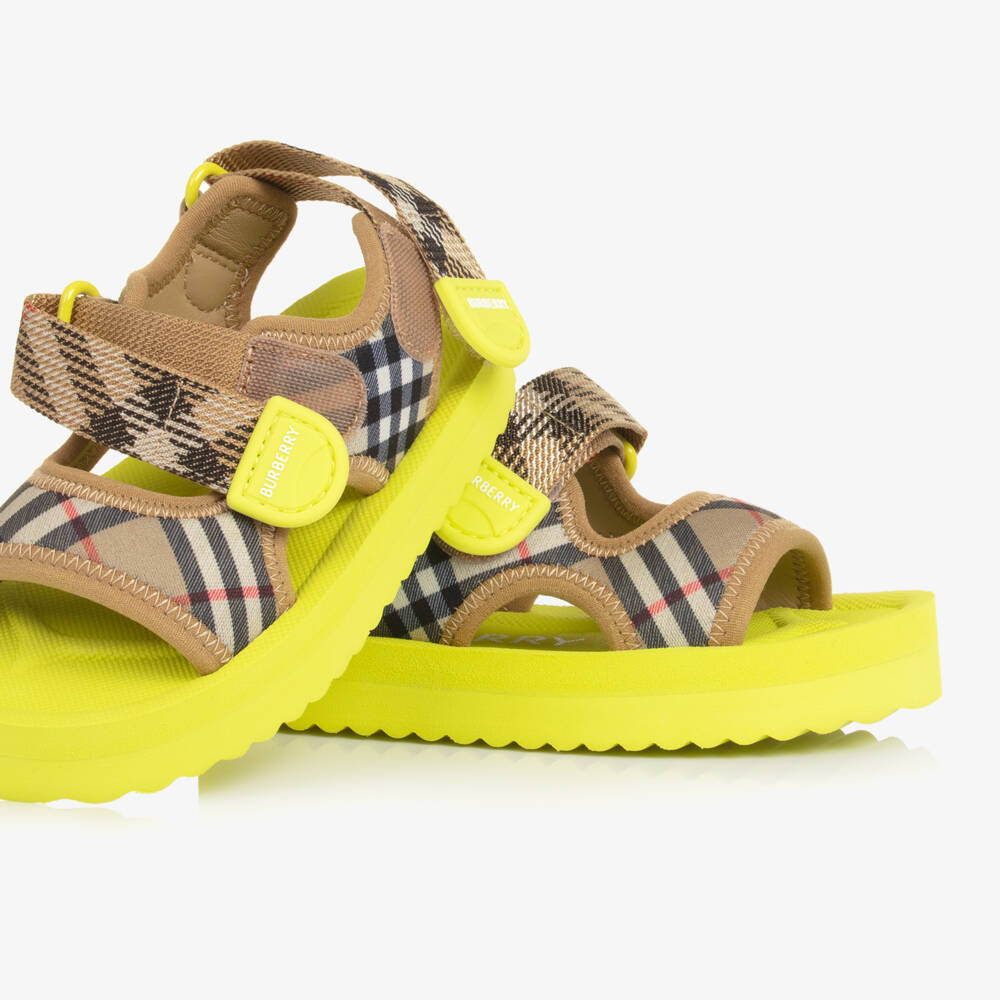 Burberry-Baby Boys Beige & Lime Green Burberry Check Velcro Sandals | Childrensalon