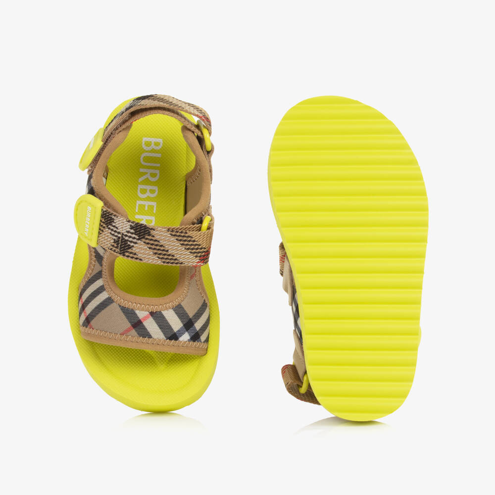 Burberry-Baby Boys Beige & Lime Green Burberry Check Velcro Sandals | Childrensalon