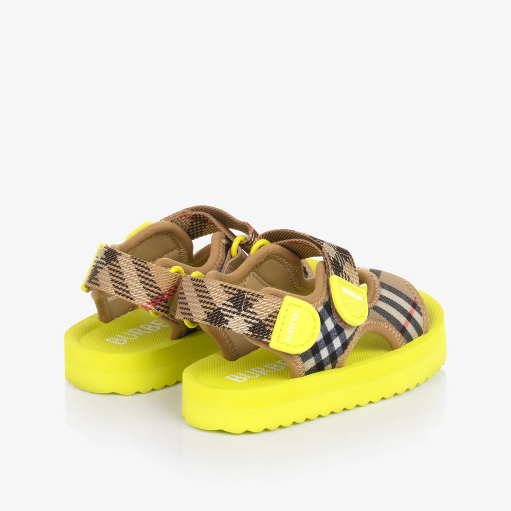 Burberry-Baby Boys Beige & Lime Green Burberry Check Velcro Sandals | Childrensalon