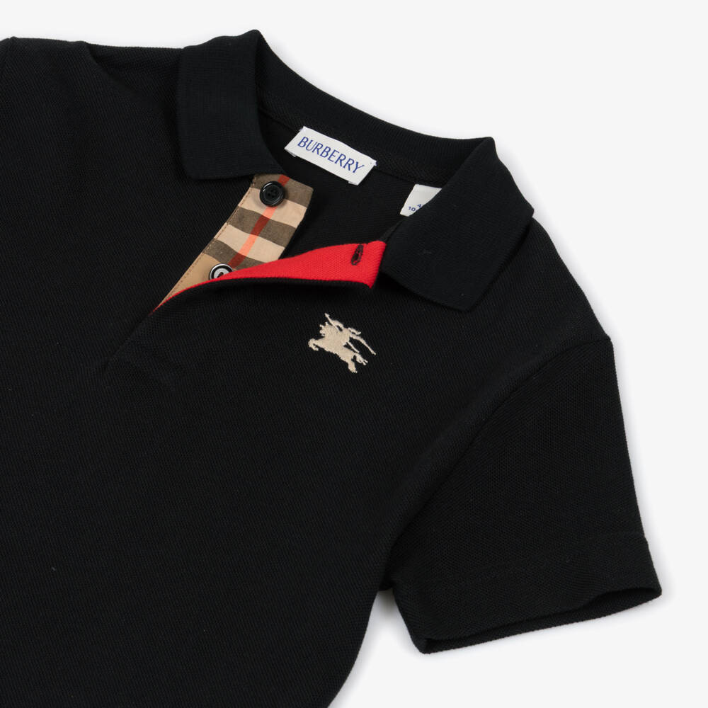 Burberry-Baby Boys Black Piqué Polo Shirt with Check Placket | Childrensalon