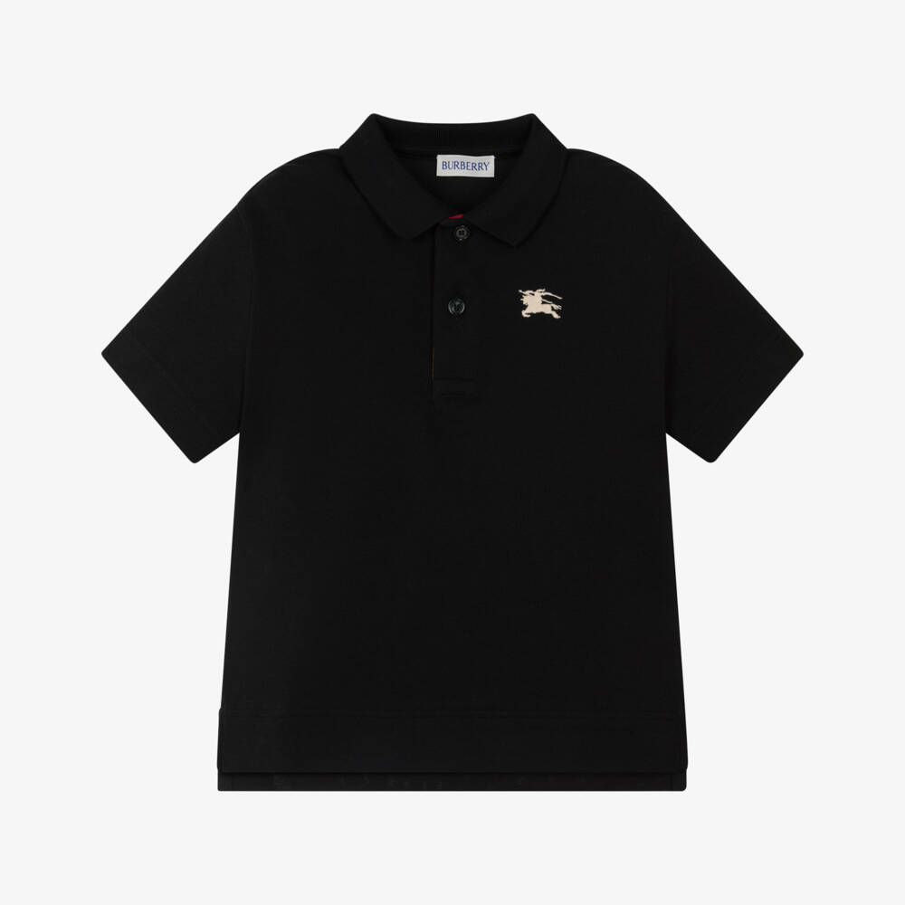 Burberry-Baby Boys Black Piqué Polo Shirt with Check Placket | Childrensalon