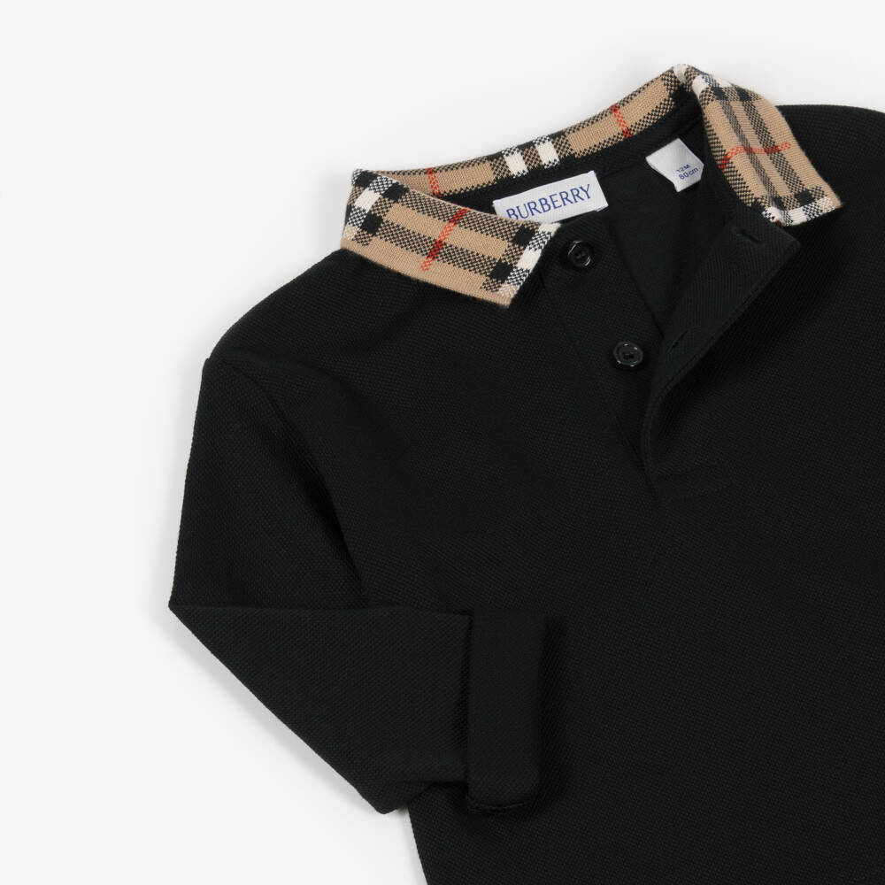 Burberry-Baby Boys Black Polo Shirt with Burberry Check Collar | Childrensalon